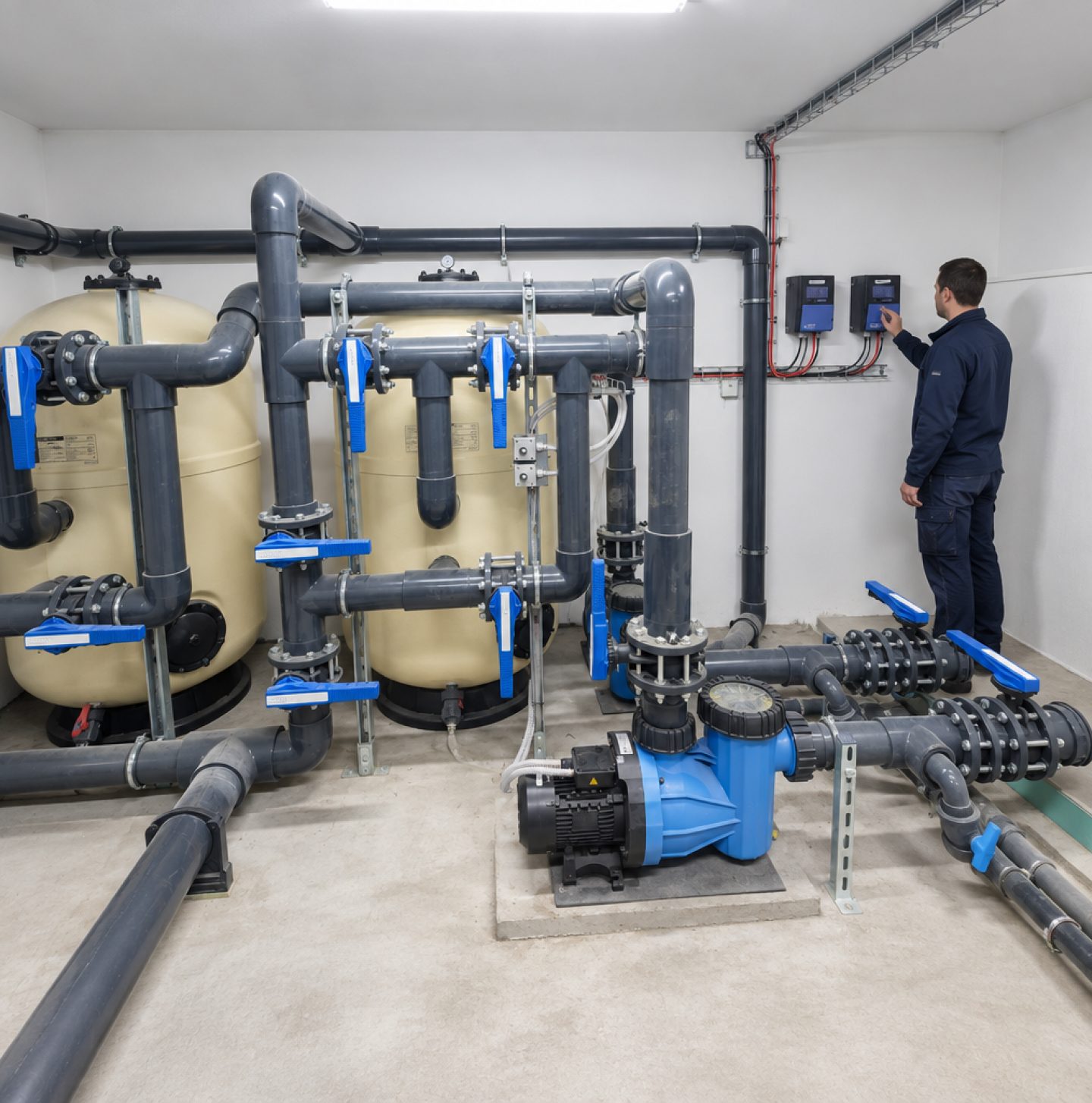 Technik kontroluje dávkovací jednotku v bazénové technologii